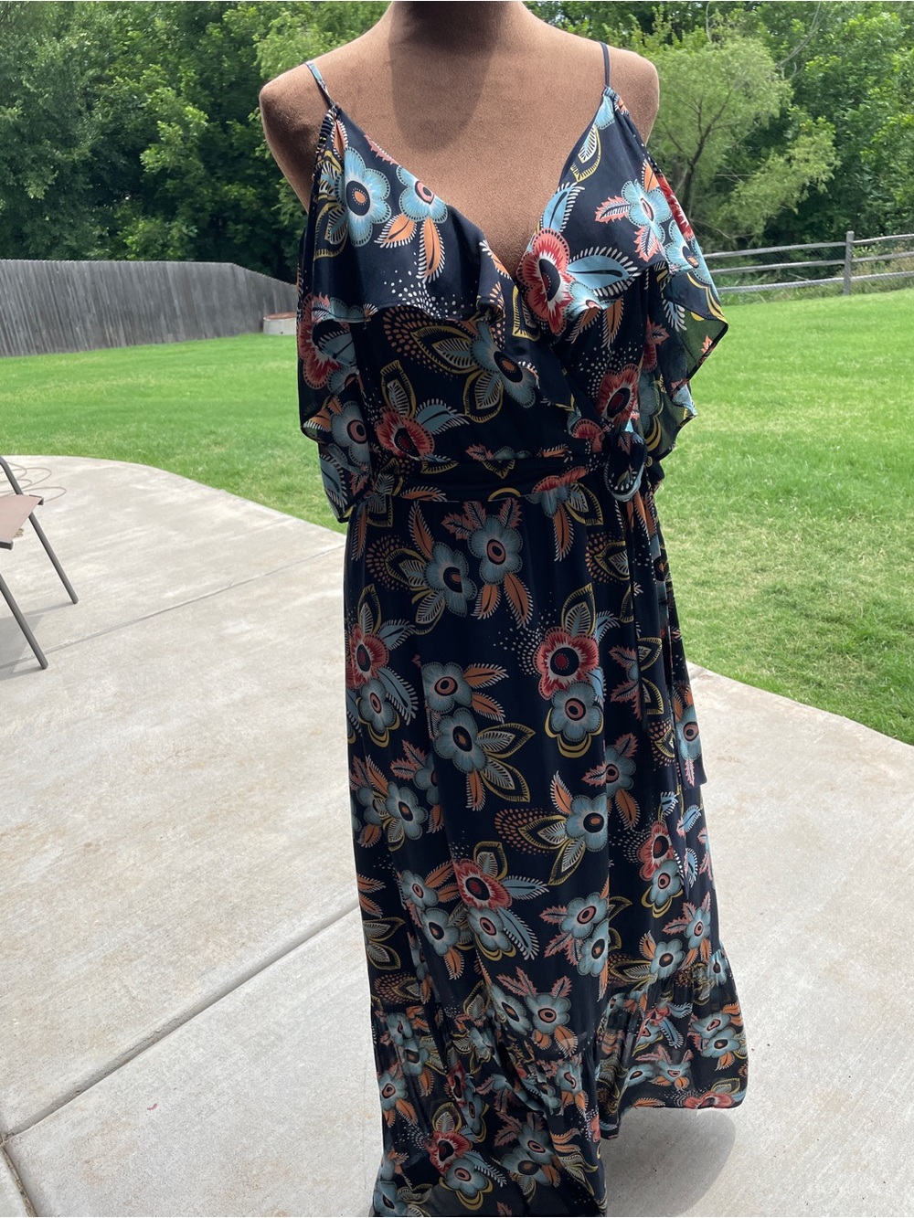 LOFT Navy Maxi Dress with Teal and Coral Floral Print